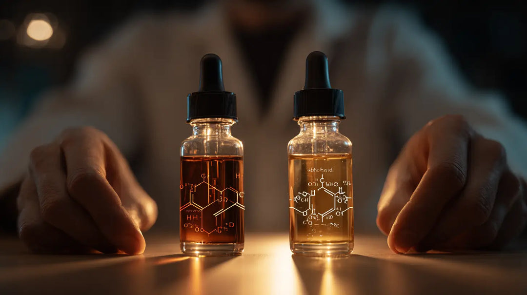 Ein Vollspektrum Öl neben einem Breitspektrum Öl