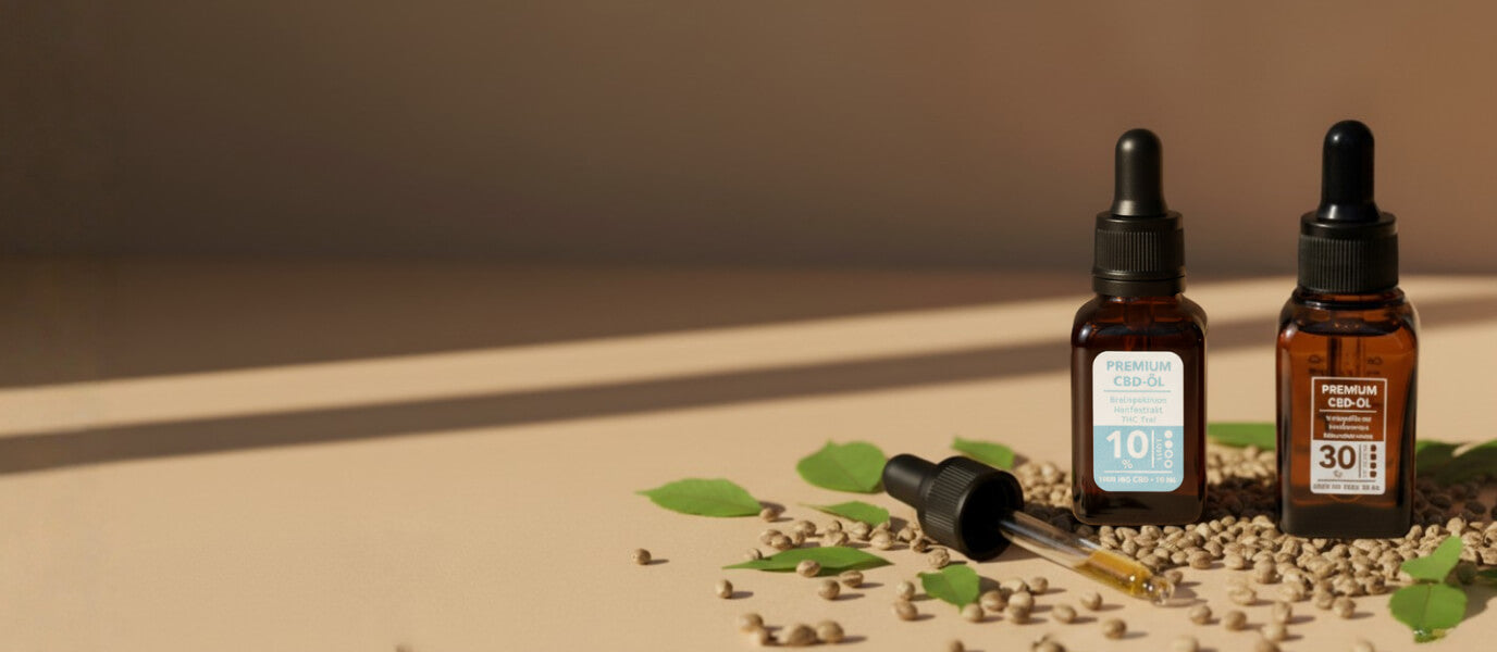 CBD Öle neben einem CBD Tropfen